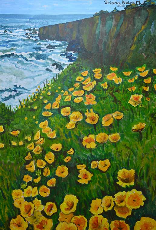 Paisaje marino pintado al óleo por Oriana Neira, 2018